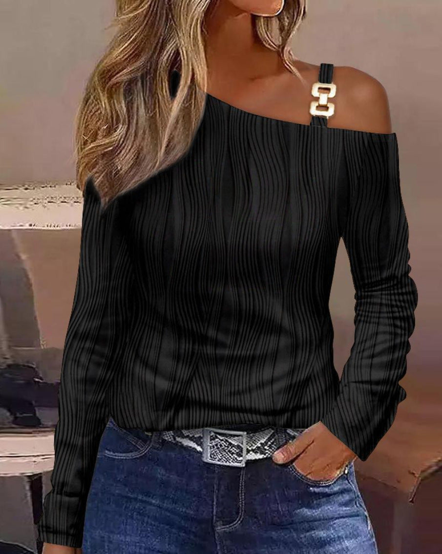 Cutout Lace Stitching Cold Shoulder T-Shirt, Casual Long Sleeve Top