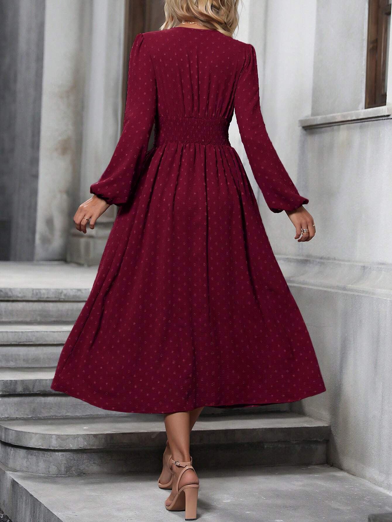 Floral Balloon Sleeve Spring/Fall Dress V Neck Long Sleeve A-Line Dress