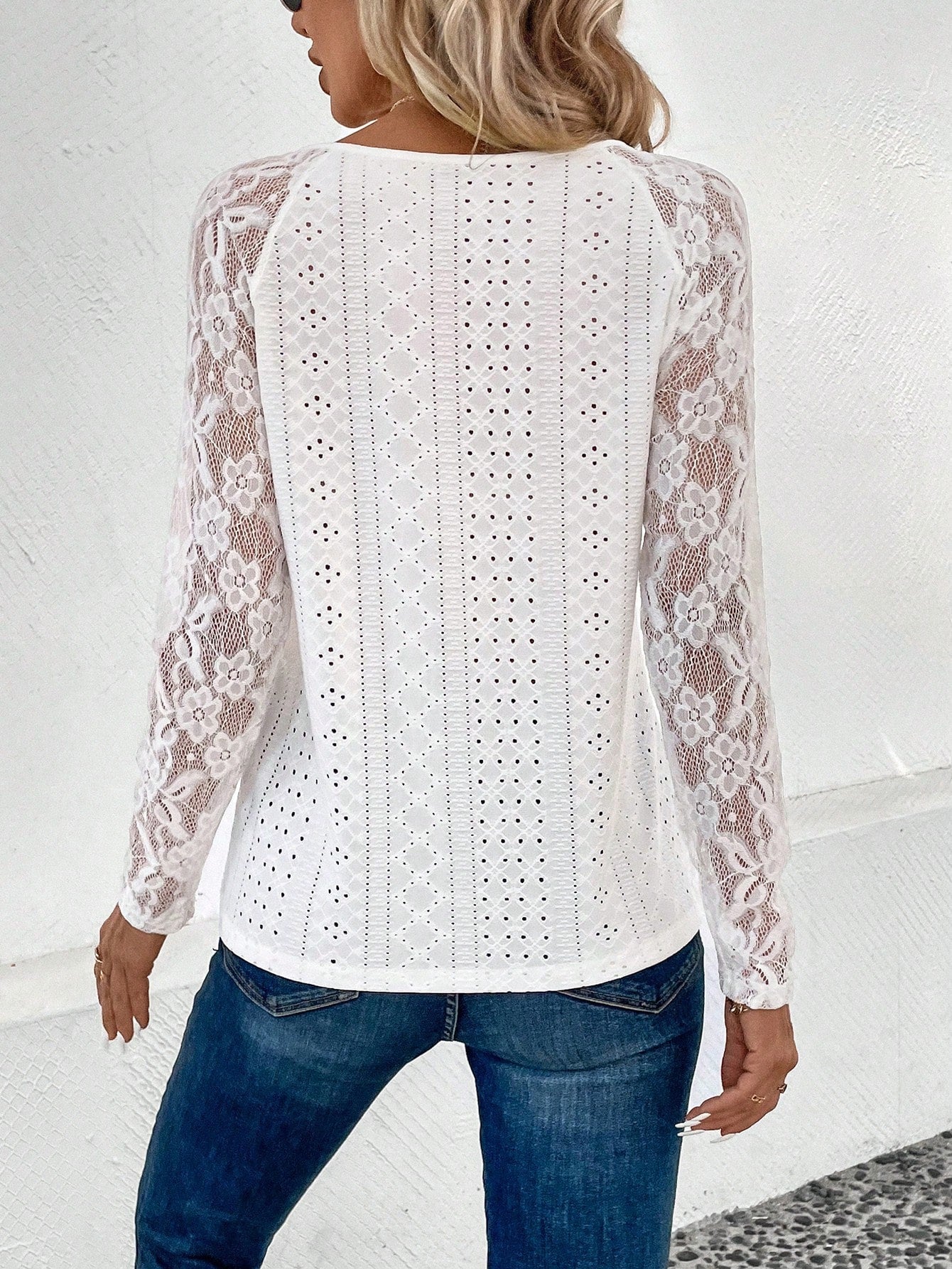 Contrast Lace V-neck Eyelet T-Shirt, Elegant Long Sleeve T-Shirt