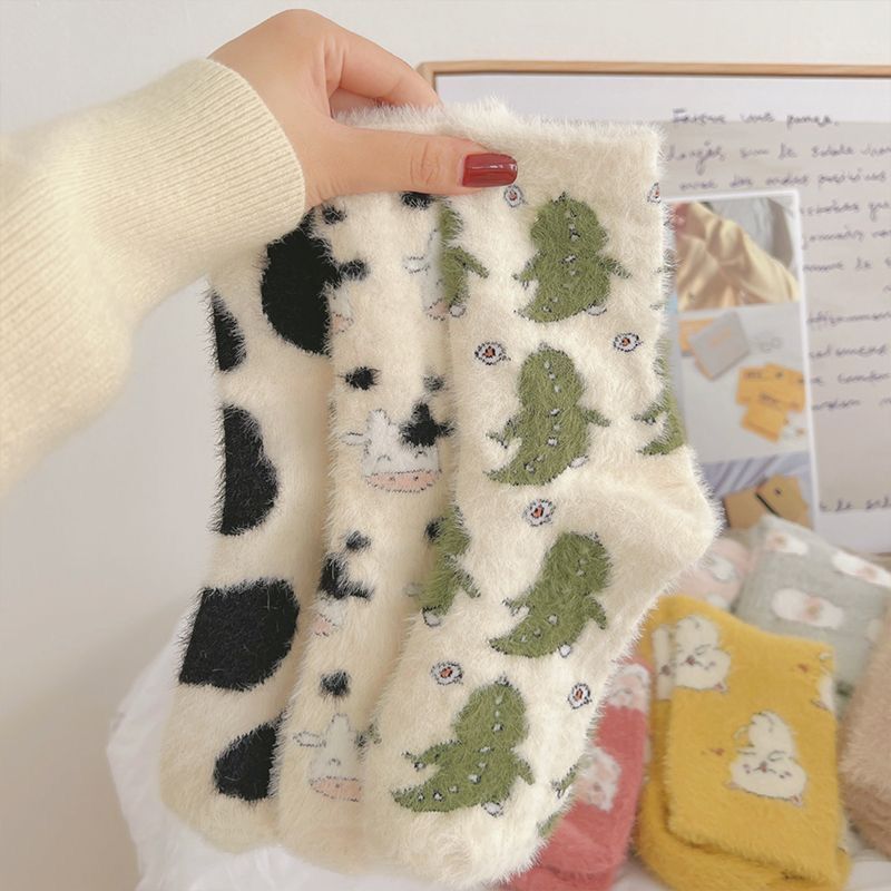 Cute Cow Spots Print Socks, Thickened & Warm Coral Fleece Socks