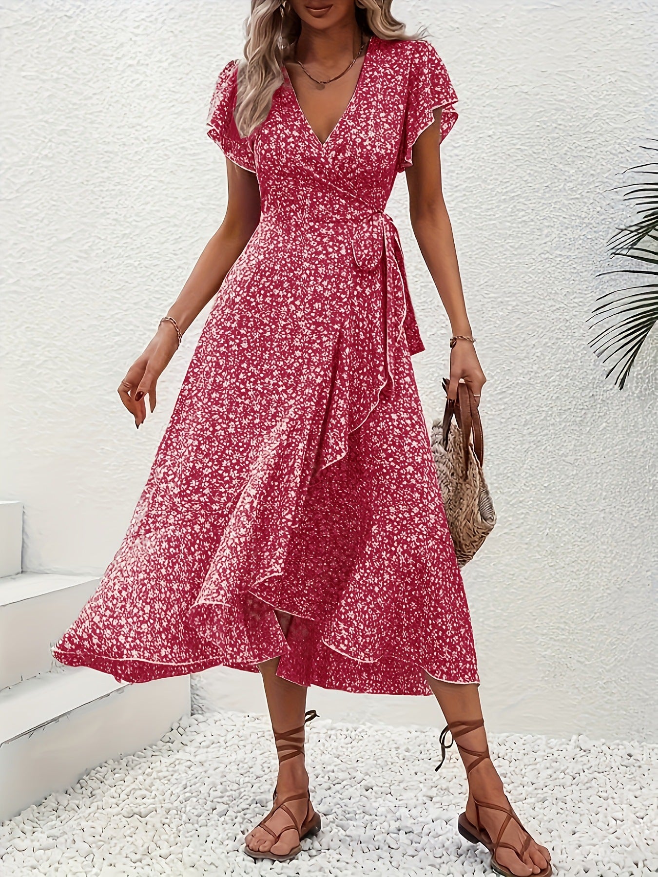 Women's Floral Print Surplice Dress with Flutter Sleeves and Ruffle Hem