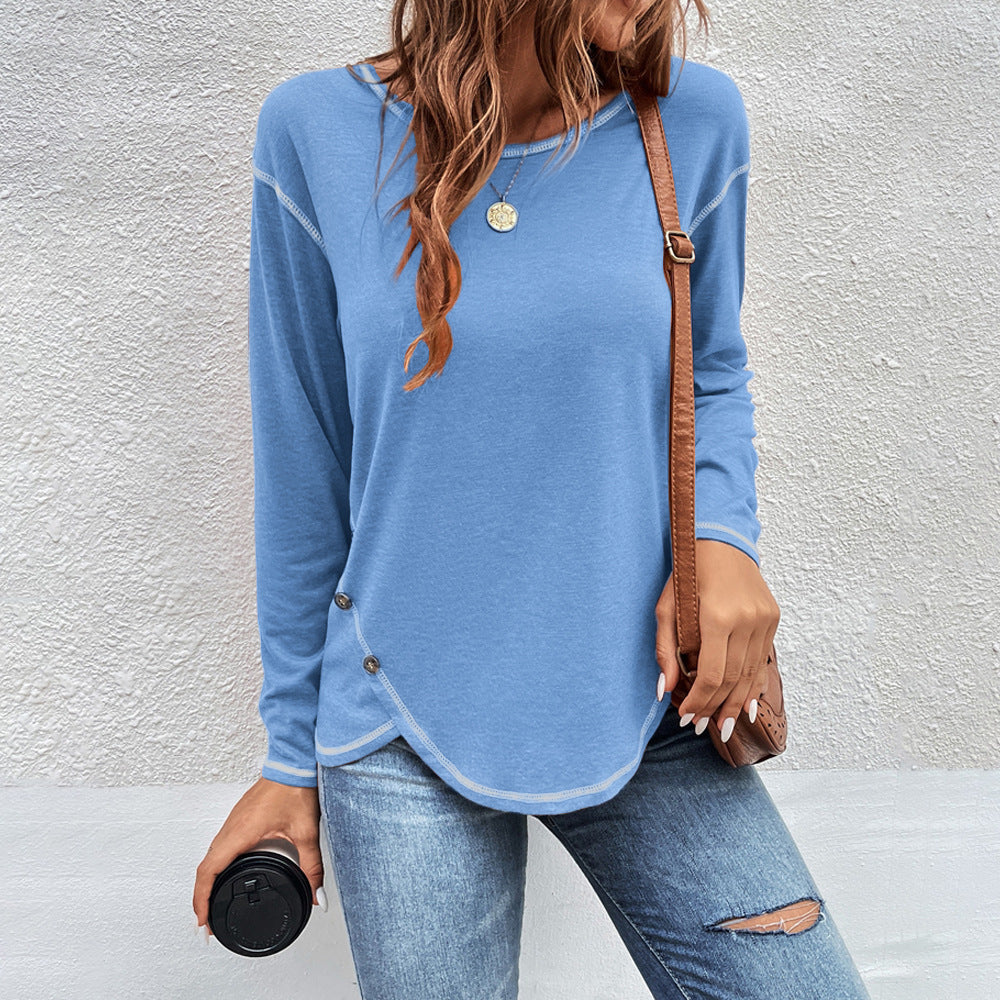 Plain Button Long Sleeve Daily Weekend Basic Round Neck T-Shirt
