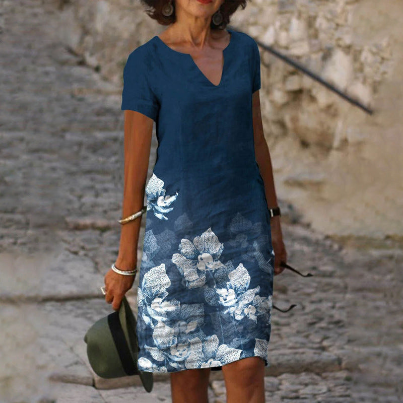 Loose Print Elegant V-neck Short Sleeve Knee-length Midi Dress