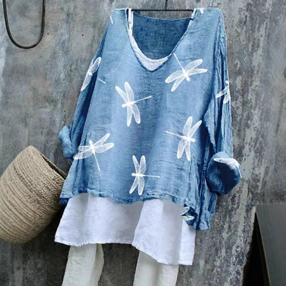 Vintage Animal V Neck Long Sleeve T-shirt