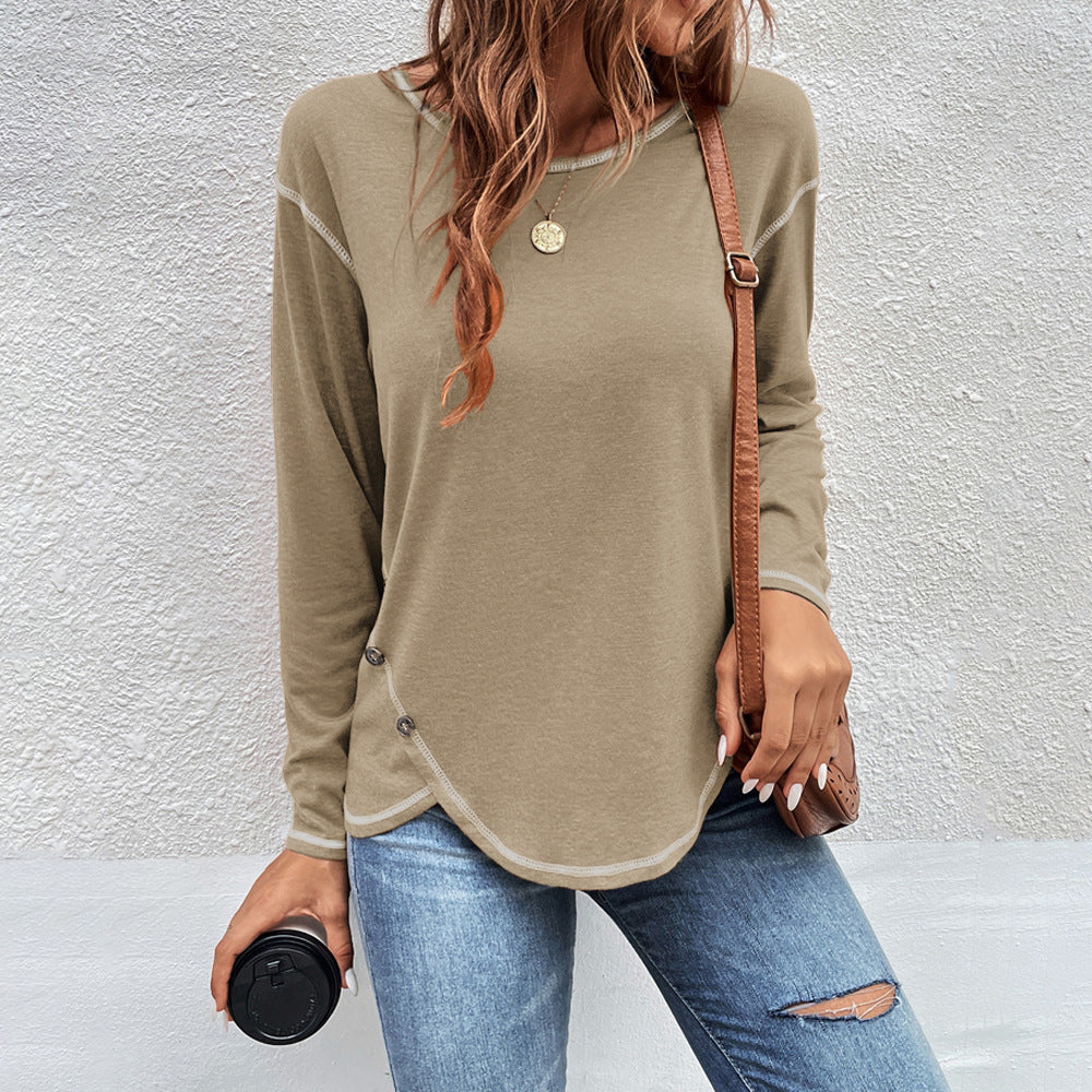 Plain Button Long Sleeve Daily Weekend Basic Round Neck T-Shirt