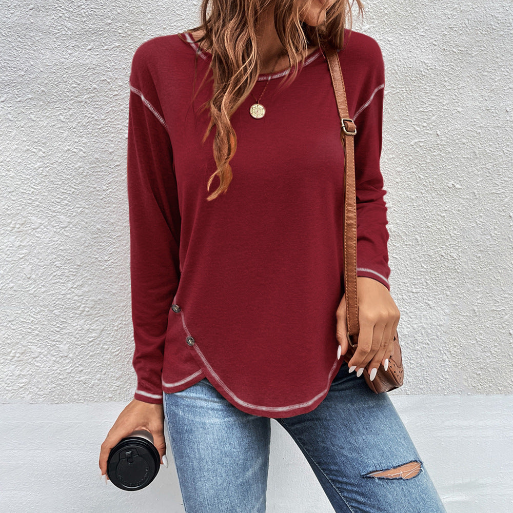 Plain Button Long Sleeve Daily Weekend Basic Round Neck T-Shirt