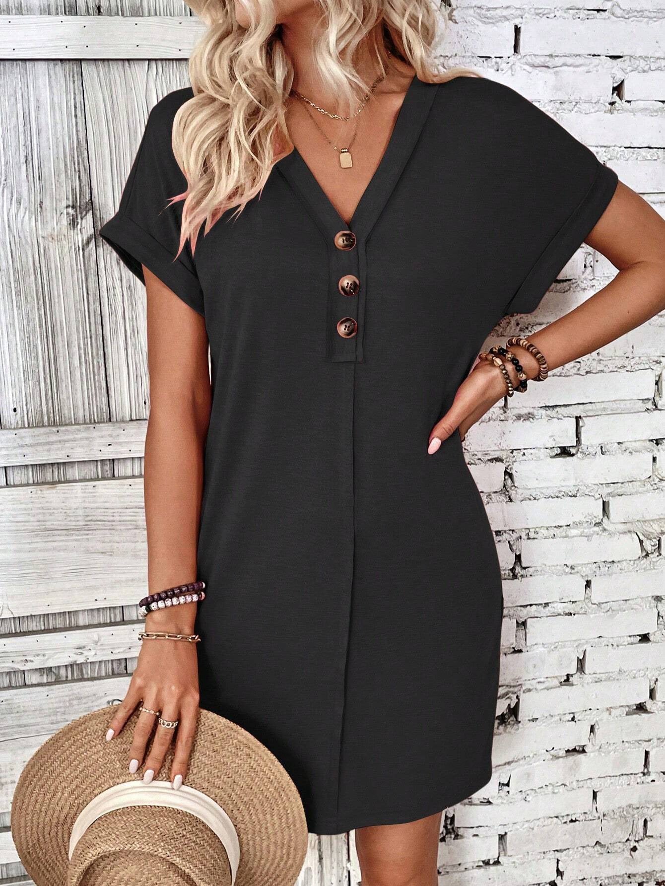 Solid Color V-Neck Batwing Sleeve Midi Dress