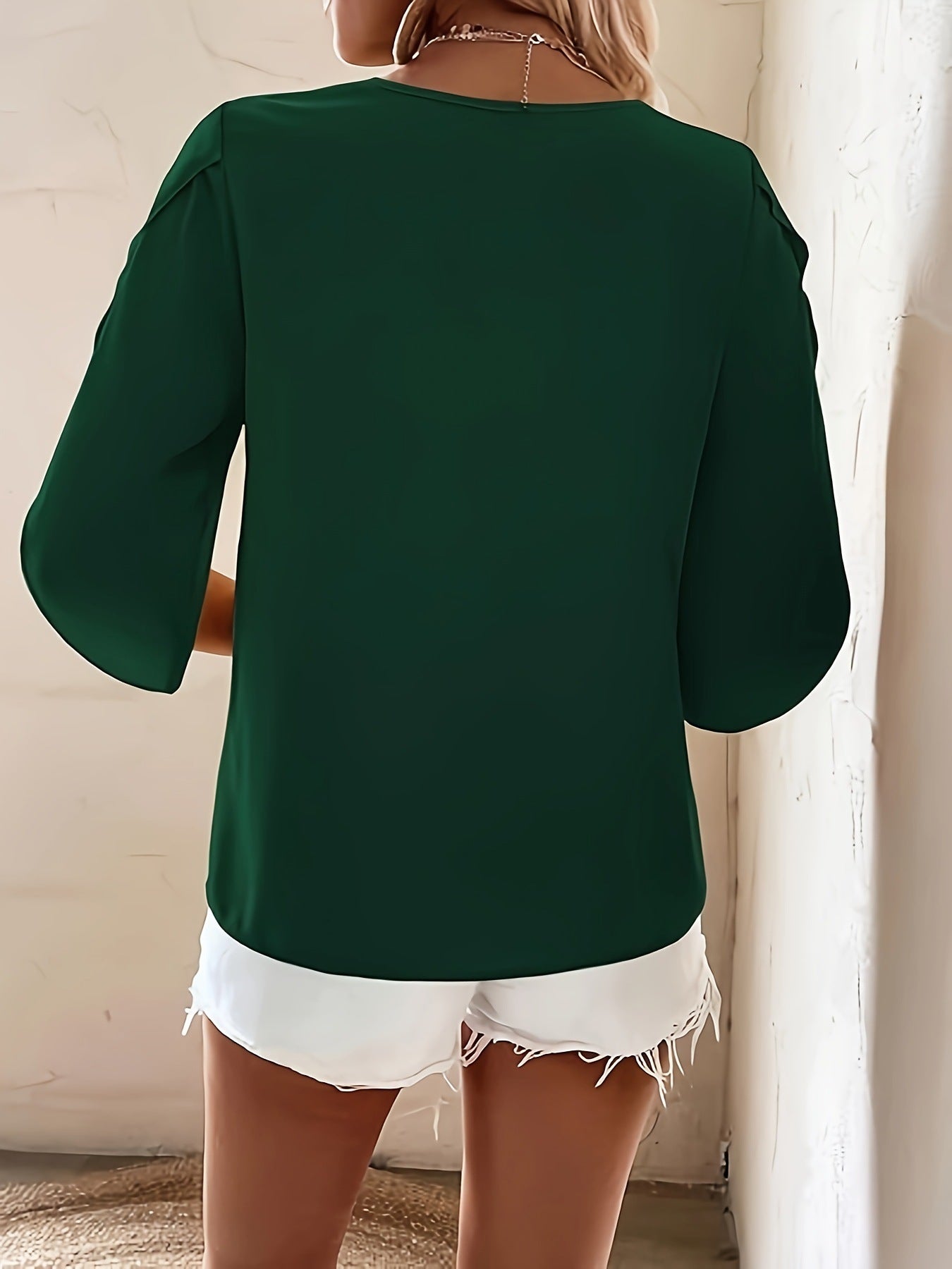 Solid Asymmetrical Neck Simple Blouse, Elegant Half Sleeve Blouse
