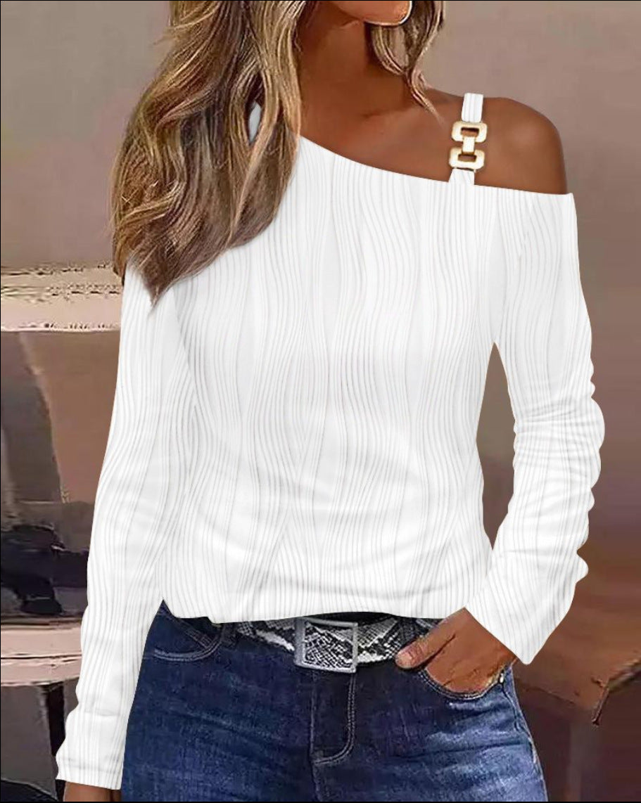 Cutout Lace Stitching Cold Shoulder T-Shirt, Casual Long Sleeve Top