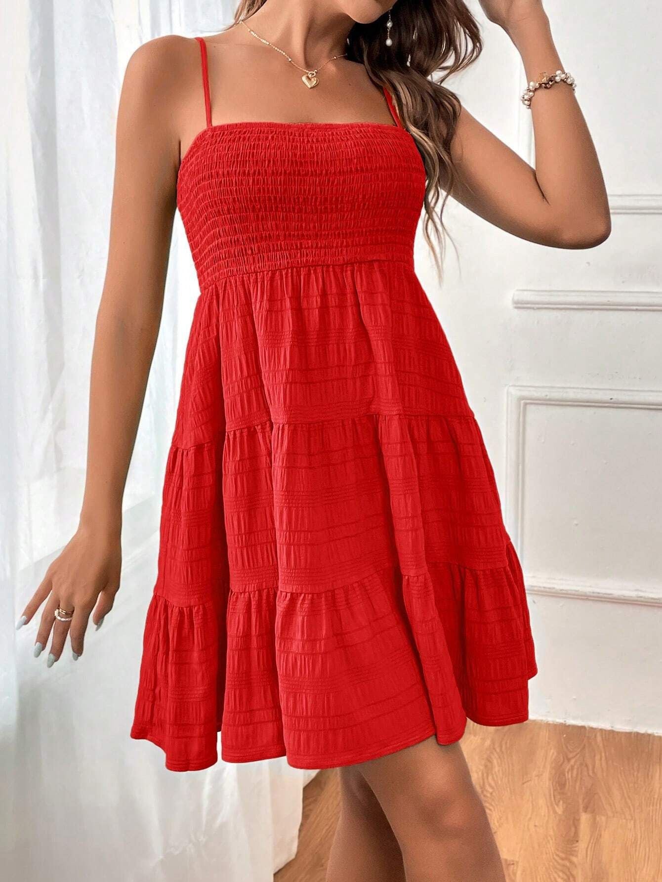 Spaghetti Strap Shirred Dress, Casual Solid Tiered Sleeveless Dress