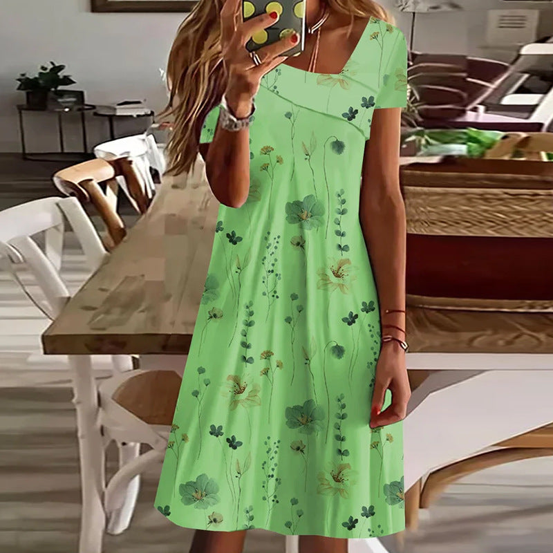 Short Sleeve Printed A Line Mid Waist V-Neck Mini Dress