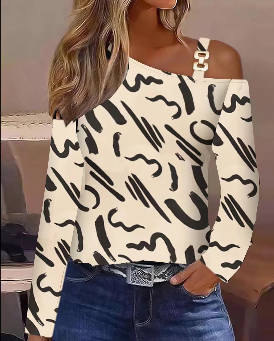 Cutout Lace Stitching Cold Shoulder T-Shirt, Casual Long Sleeve Top