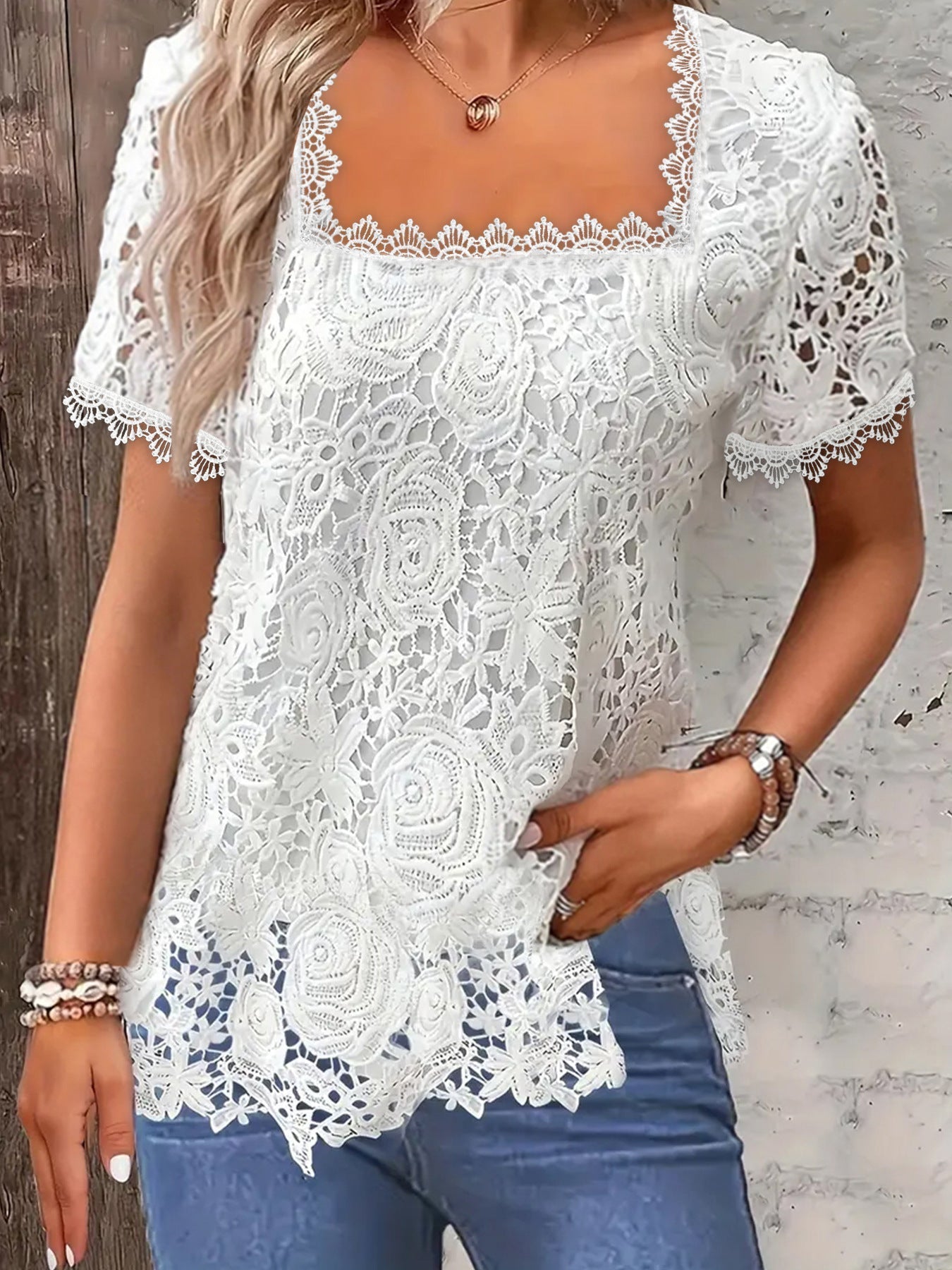 Solid Square Neck Lace T-Shirt, Casual Long Sleeve T-Shirt