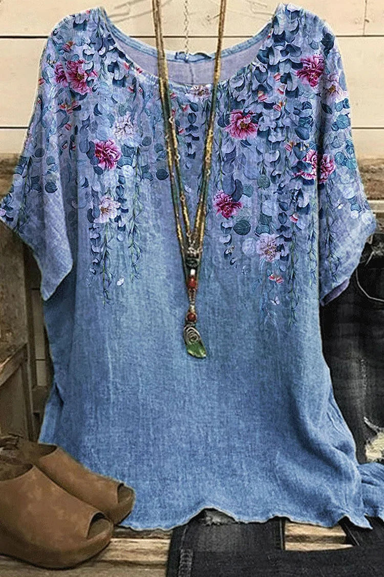 Print Crew Neck Blouses, Casual Loose Half Sleeve Fashion Shirts Tops, Women's Clothing