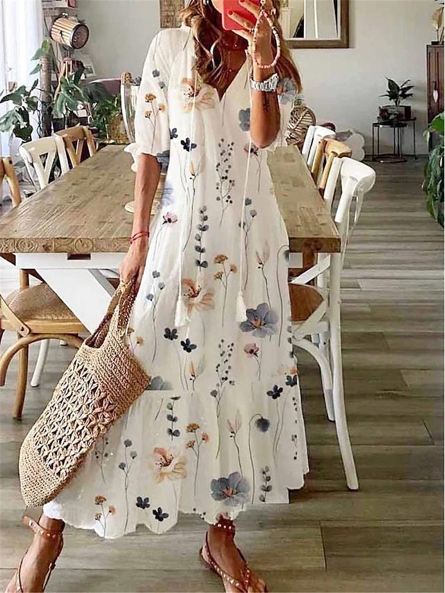 V Neck Half Sleeve Loose Floral Maxi Dress