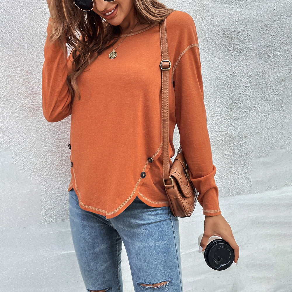 Plain Button Long Sleeve Daily Weekend Basic Round Neck T-Shirt