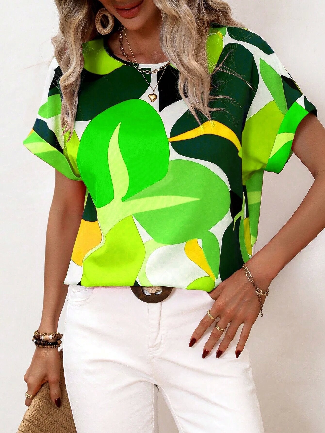 Floral Print Crew Neck Blouse, Casual Short Sleeve Top
