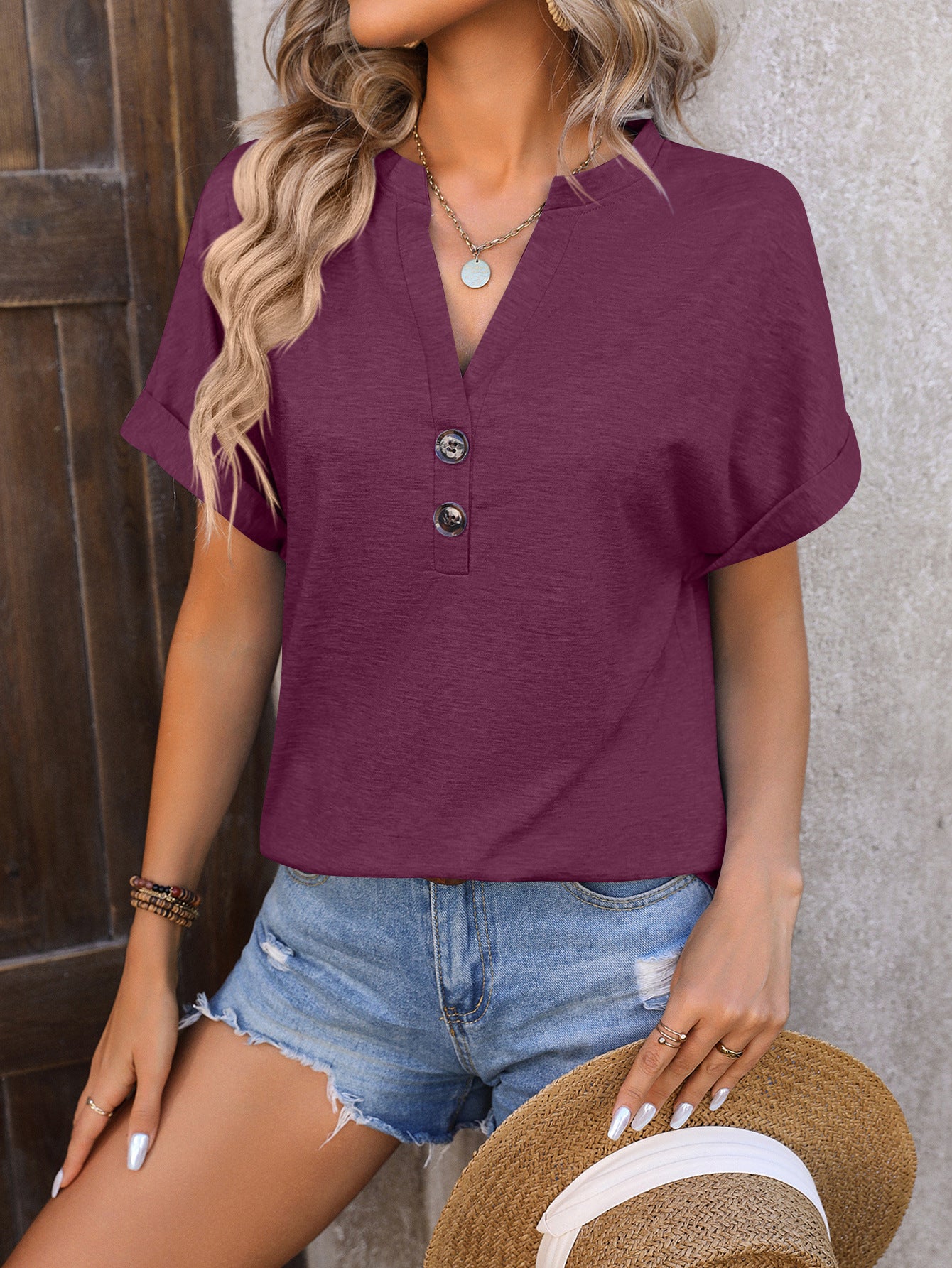 Casual V-neck Button Pure Color Loose Short-sleeved T-shirt