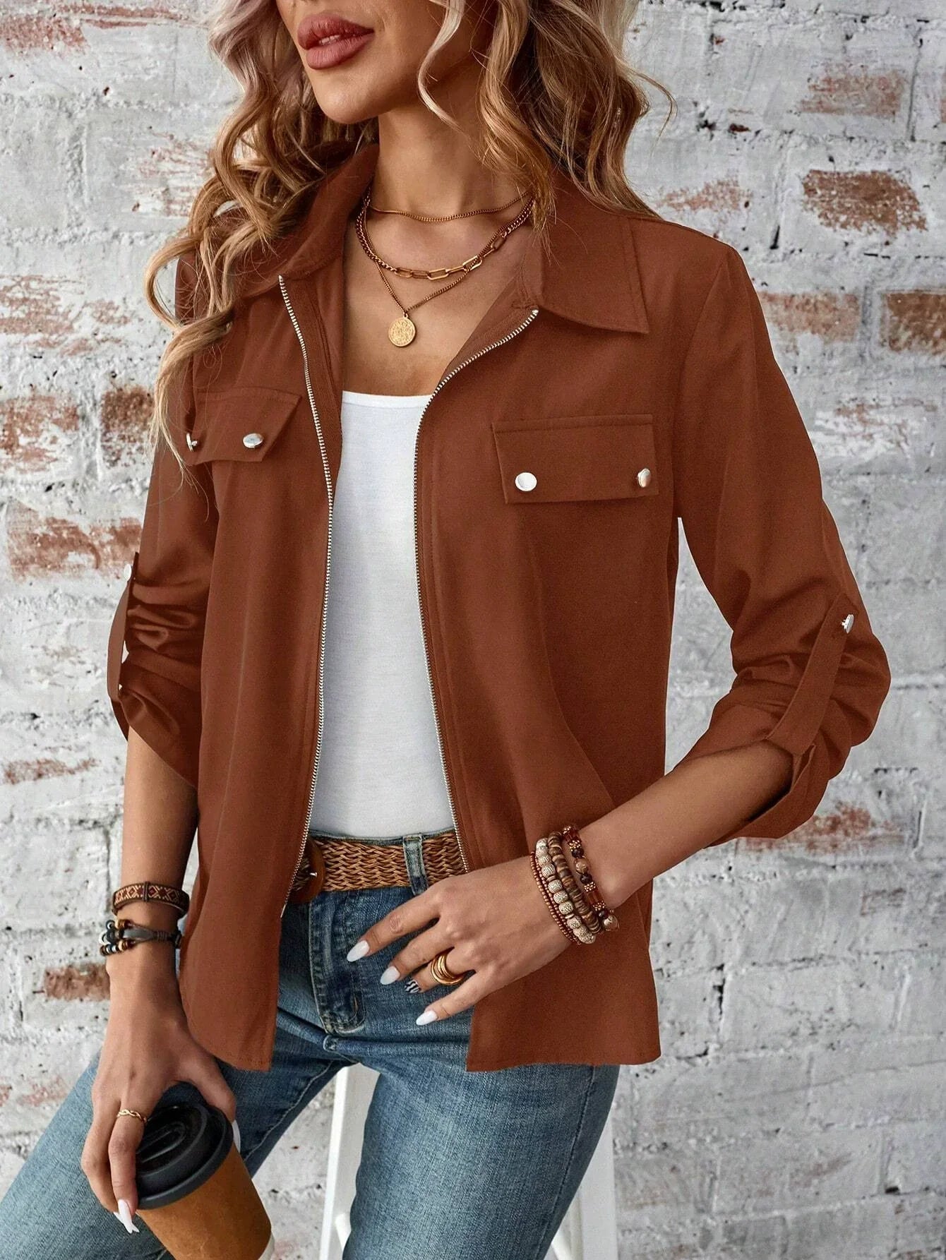 Solid Color Zip Up Jacket, Elegant Long Sleeve Flap Detail Jacket