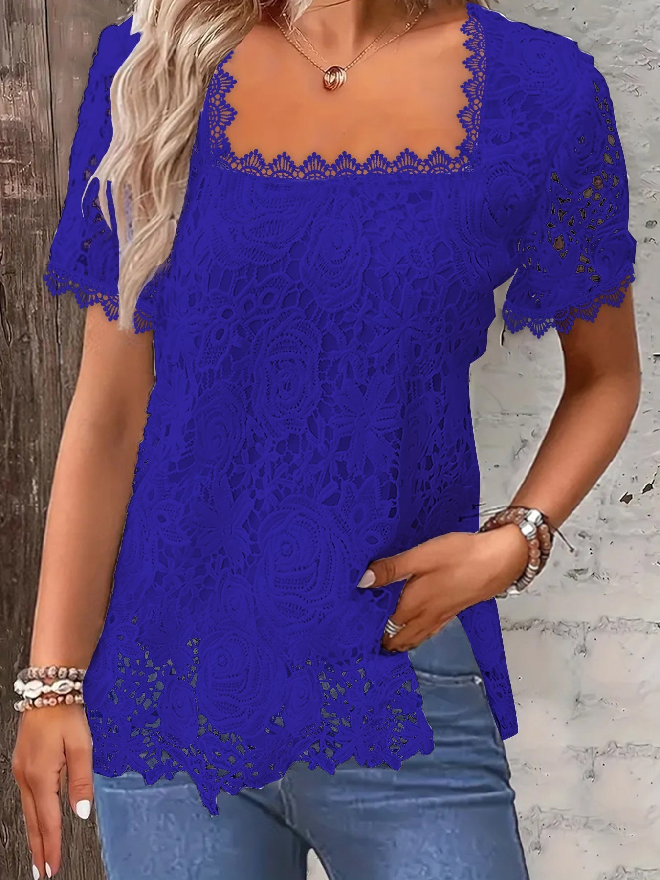 Solid Square Neck Lace T-Shirt, Casual Long Sleeve T-Shirt