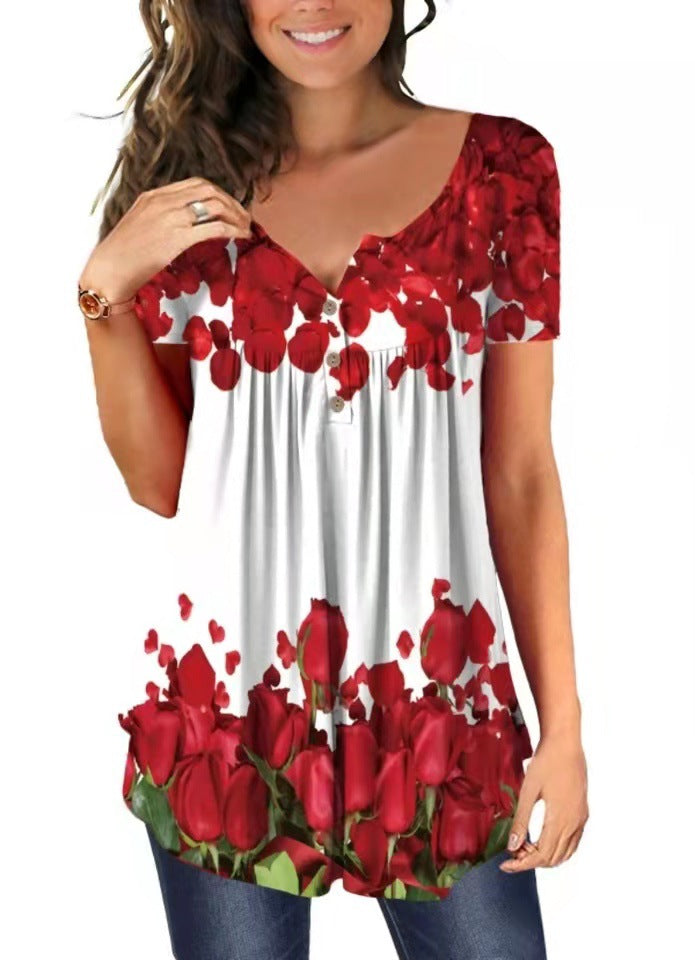 V-neck short-sleeved button-up T-shirt