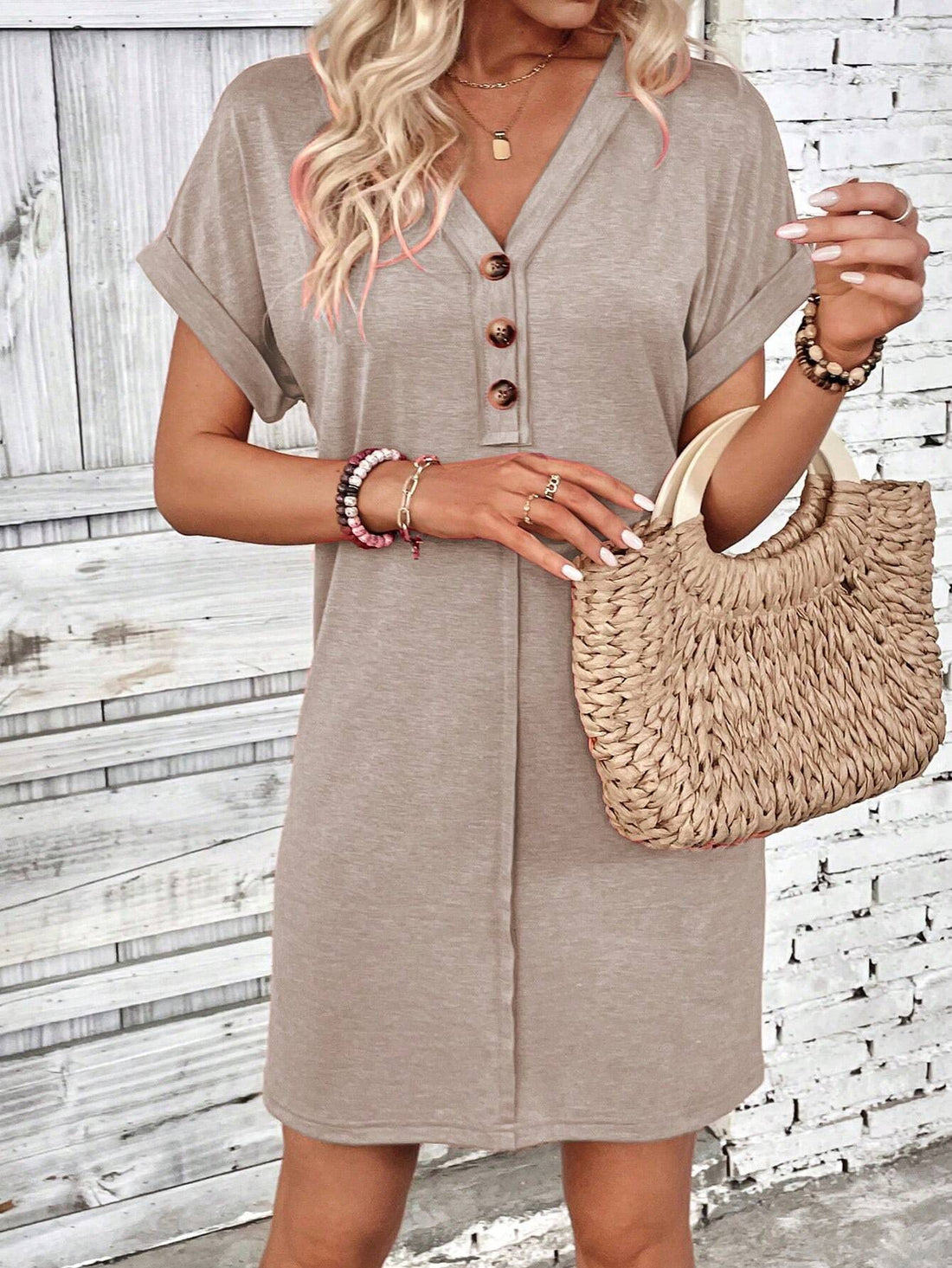 Solid Color V-Neck Batwing Sleeve Midi Dress