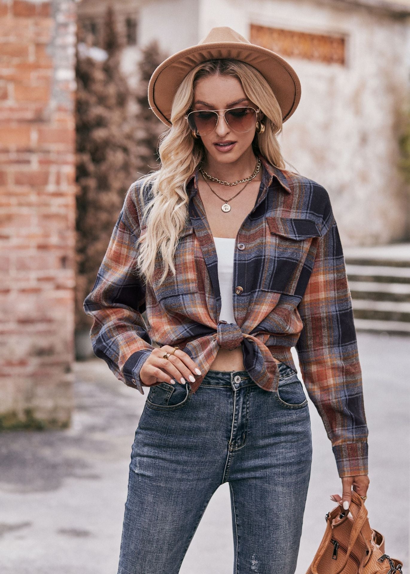 Plaid Print Polo Collar Button Shirt, Casual Long Sleeve Shirt