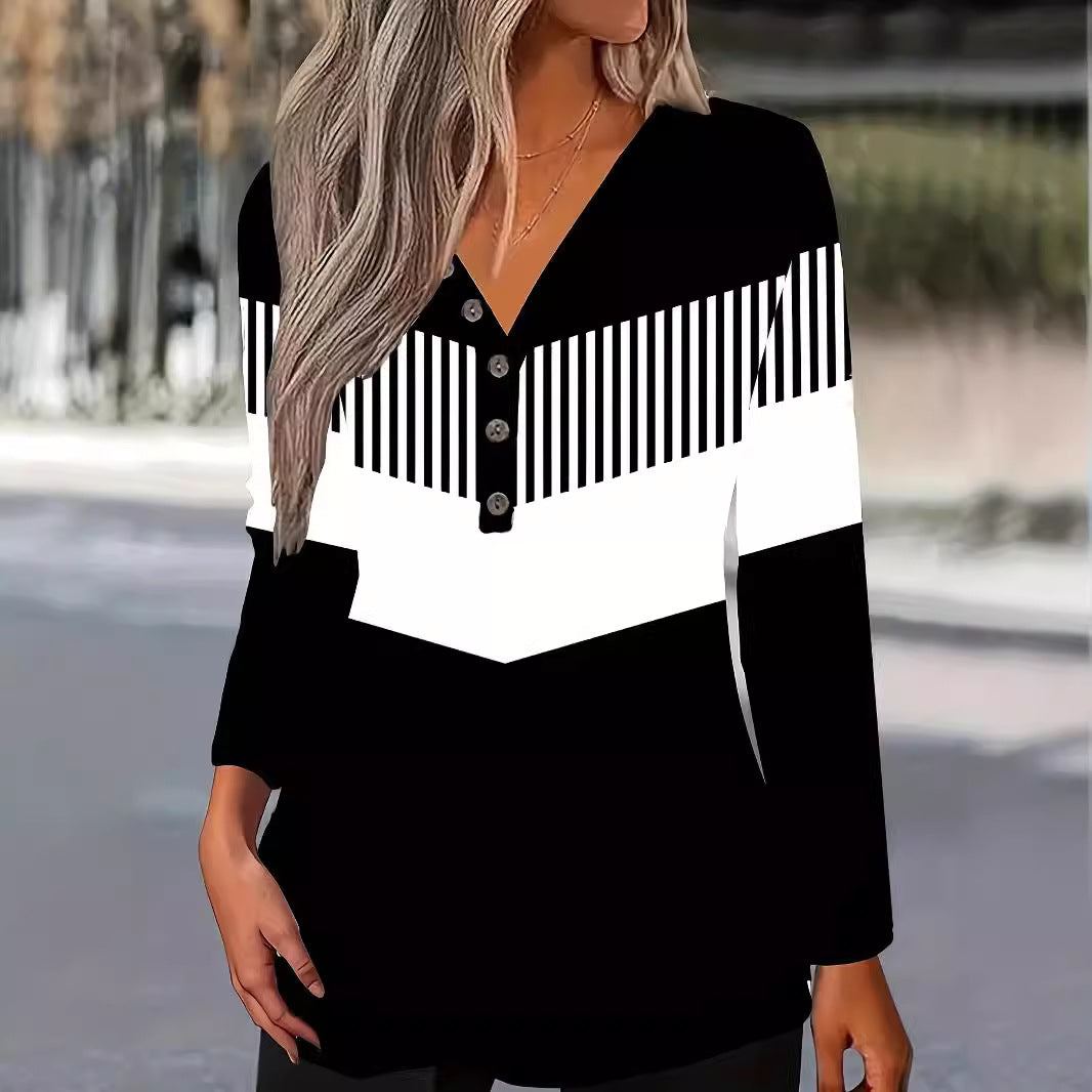 Button Geometric Print Long Sleeve T Shirt