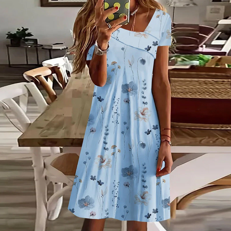 Short Sleeve Printed A Line Mid Waist V-Neck Mini Dress
