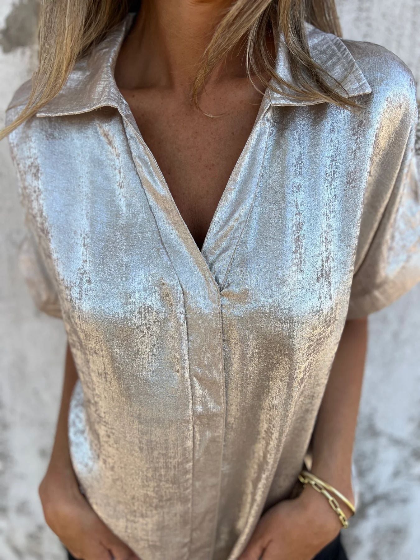 Loose Foiled Short Sleeve Lapel Shirt