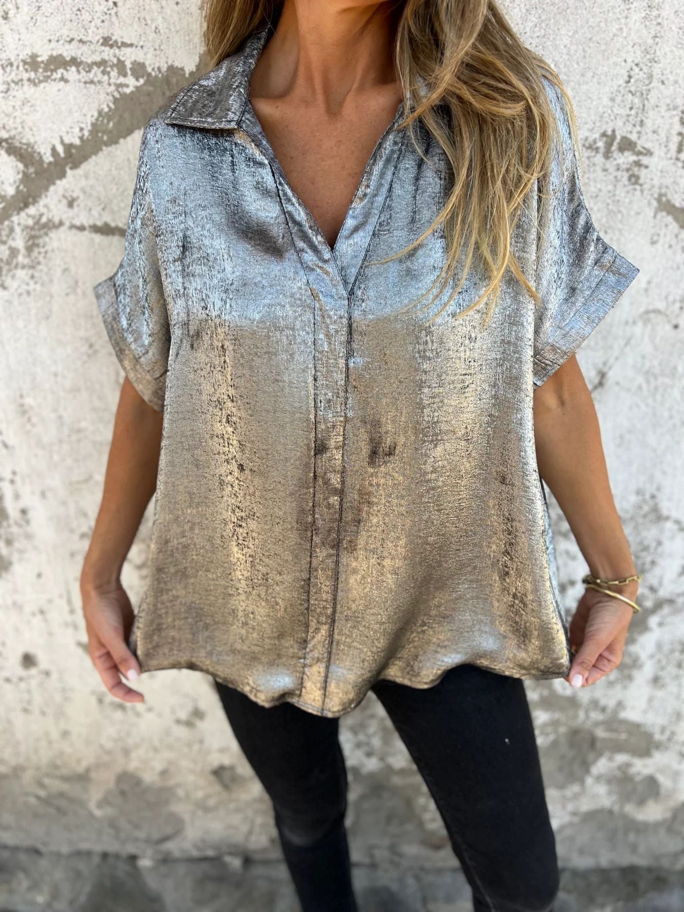Loose Foiled Short Sleeve Lapel Shirt