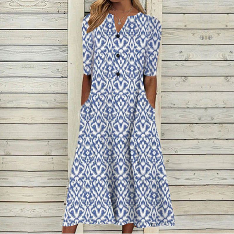 3D Printed Half Sleeve Casual V Neck Pocket Maxi Dress