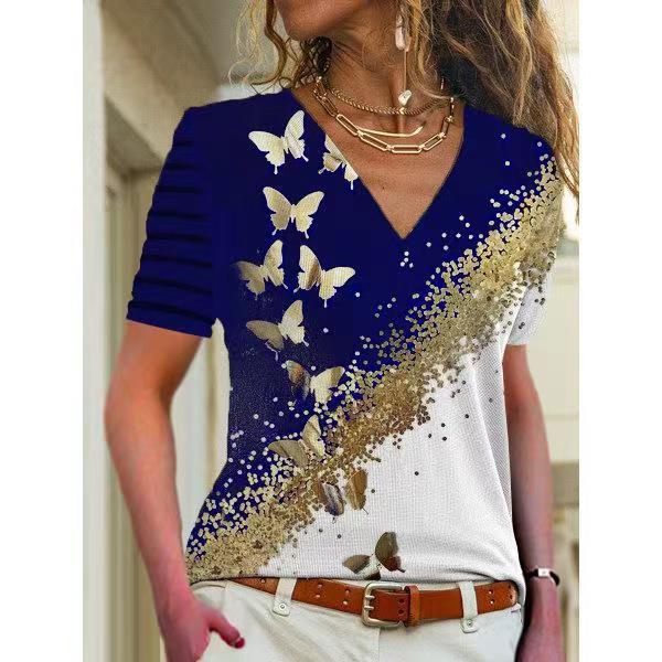 3D Flower Print V-Neck Short Sleeve T-Shirt