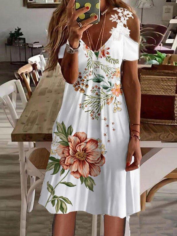 V Neck Ruffles Lace Off Shoulder Crochet Midi Dress