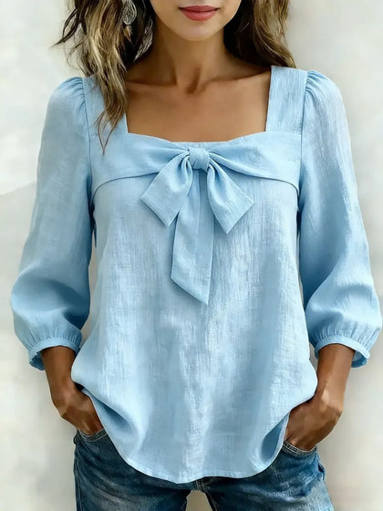 Square Neck Bow Detail Puff Sleeve Blouse