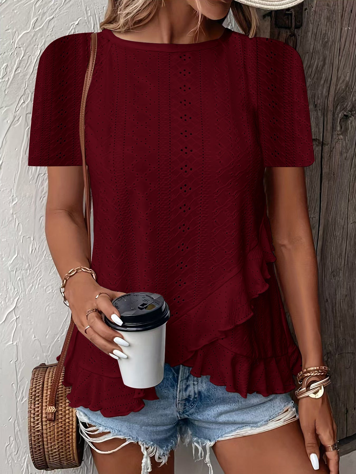 Asymmetrical Ruffle Hem Short Sleeve Round Neck T-Shirt