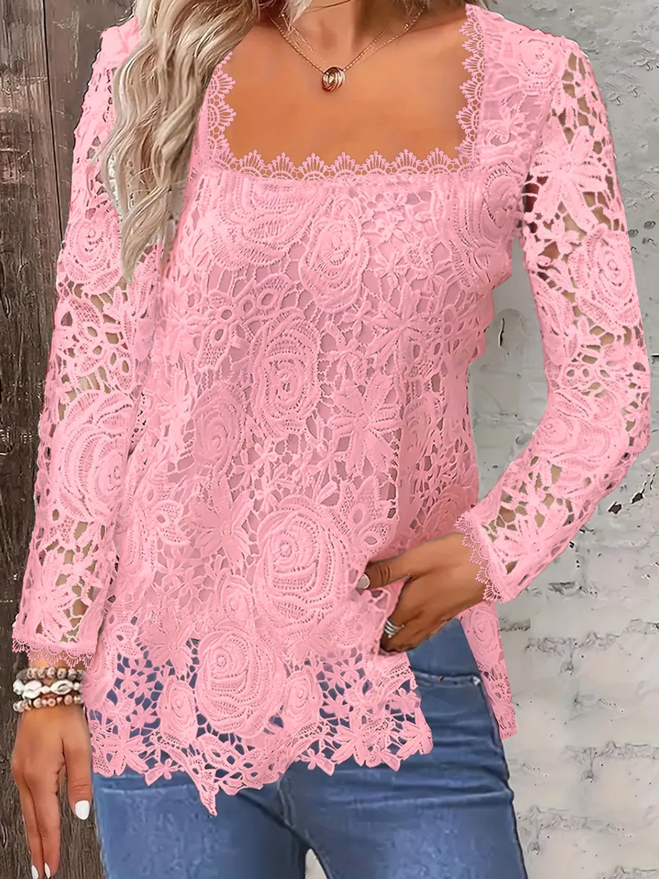 Solid Square Neck Lace T-Shirt, Casual Long Sleeve T-Shirt
