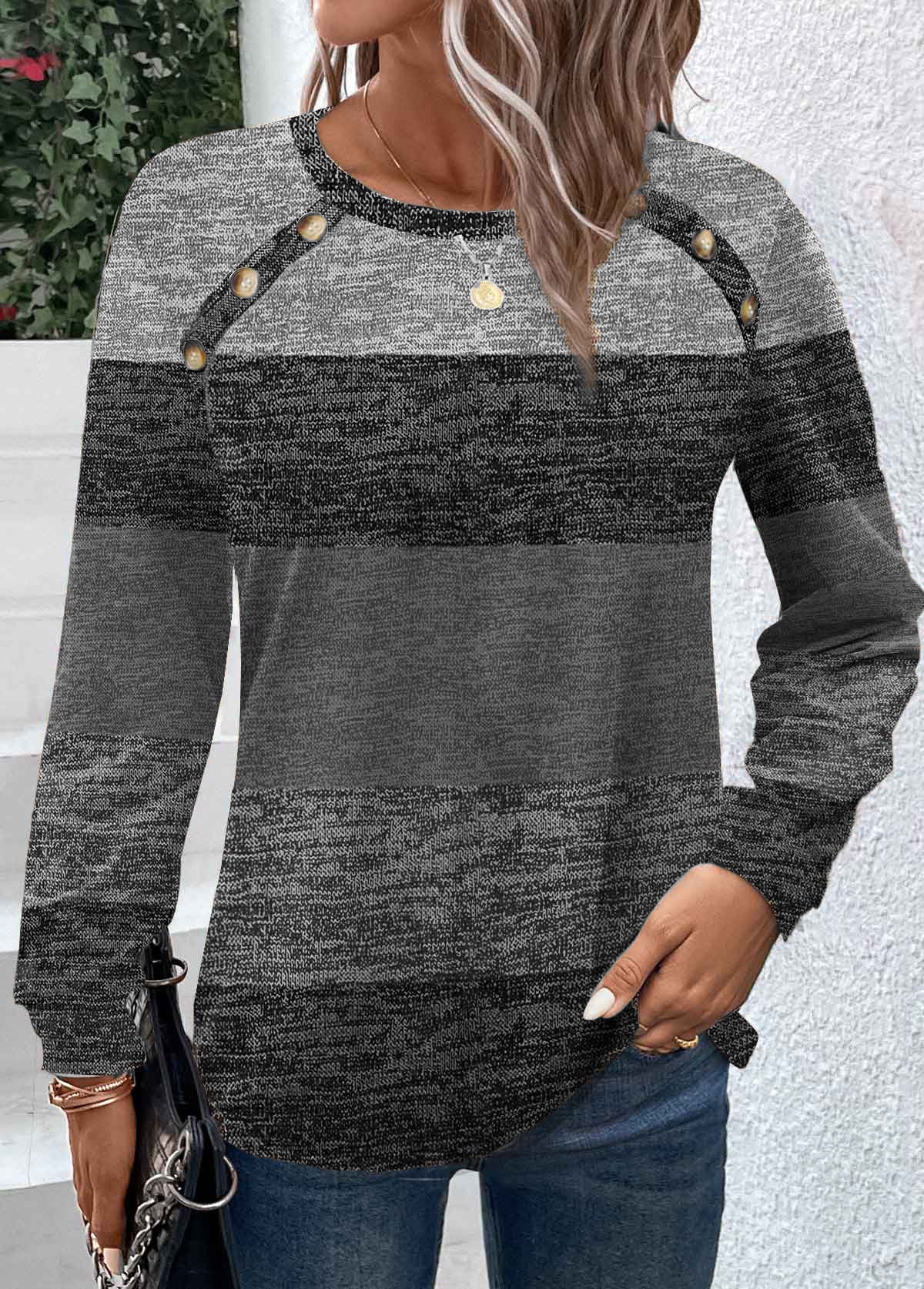 Colorblock Stripe Print Crew Neck T-Shirt, Casual Long Sleeve Top