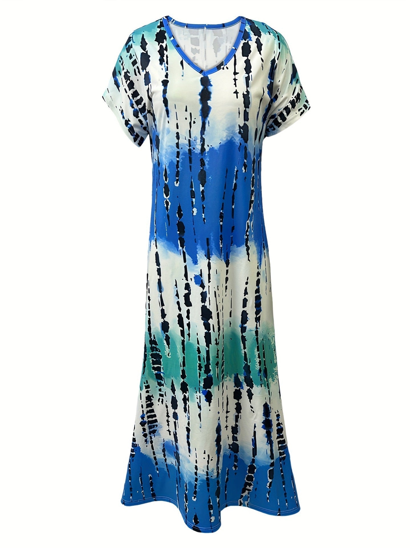 Tie Dye V-neck Dress, Elegant Split Short Sleeve Dress