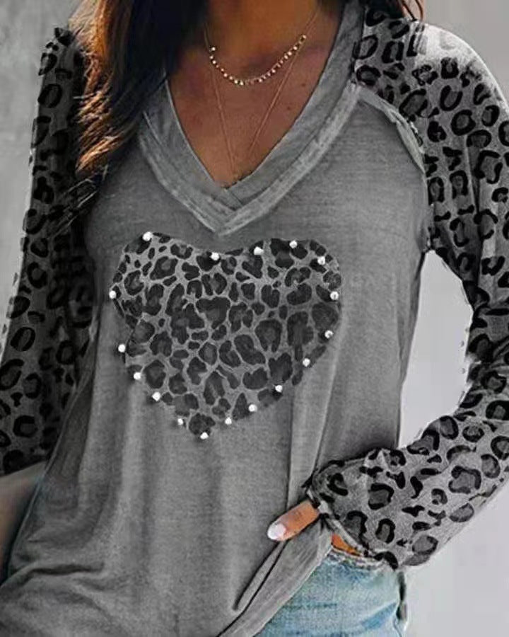 Plaid Heart Print V Neck T-Shirt, Casual Long Sleeve Top