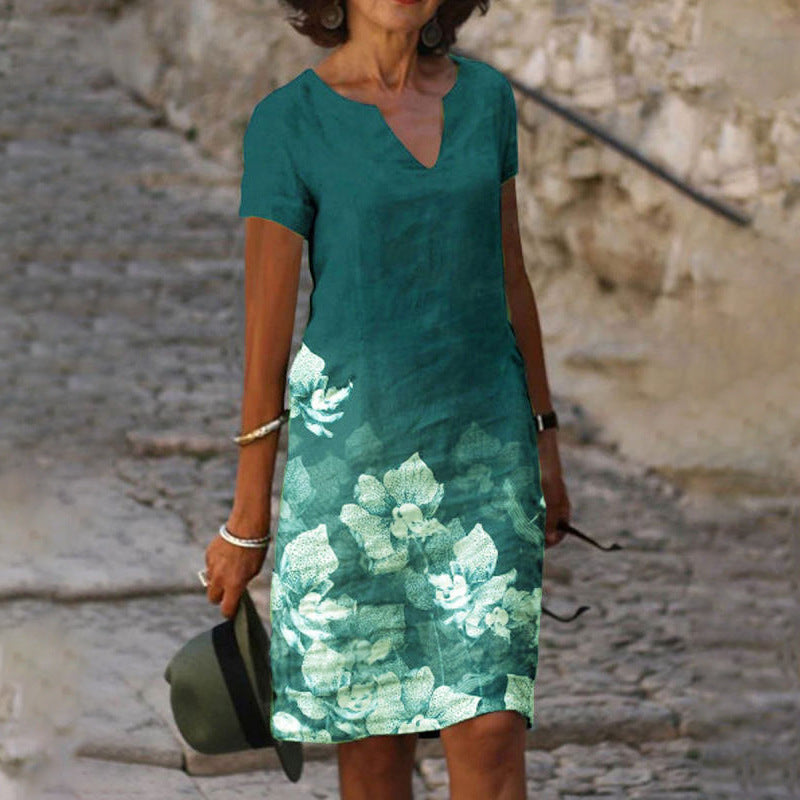 Loose Print Elegant V-neck Short Sleeve Knee-length Midi Dress