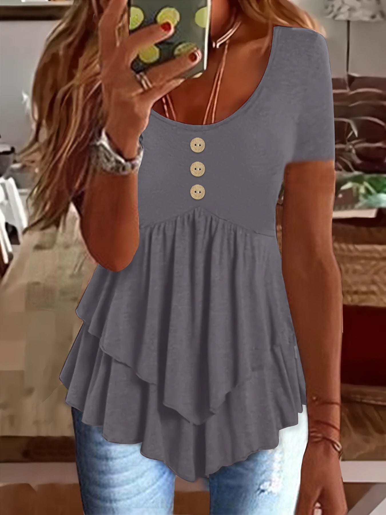 Solid Color Crew Neck T-Shirt, Casual Short Sleeve Button Front Flare Tiered Top