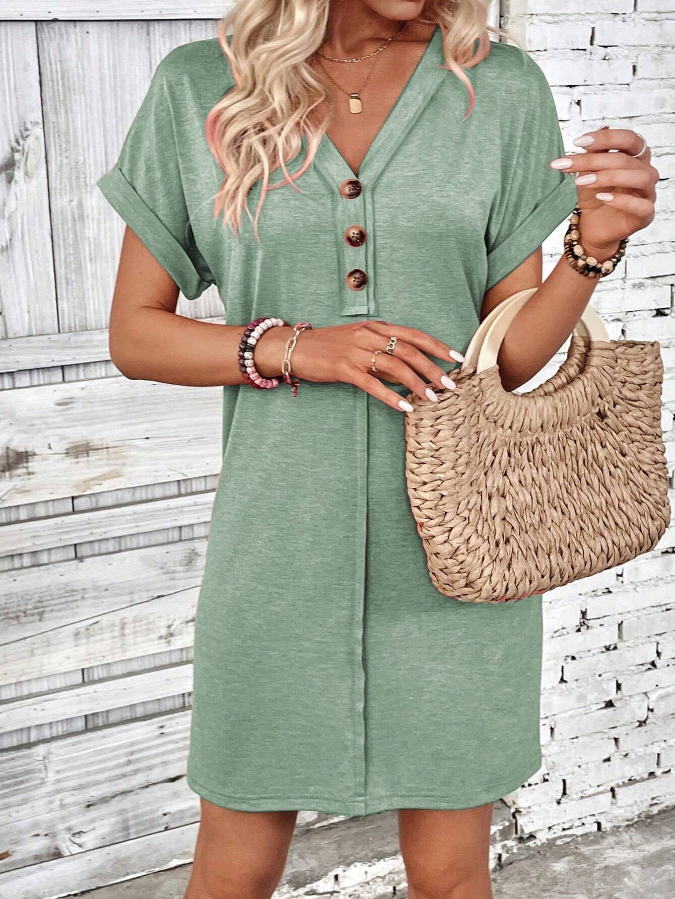 Solid Color V-Neck Batwing Sleeve Midi Dress