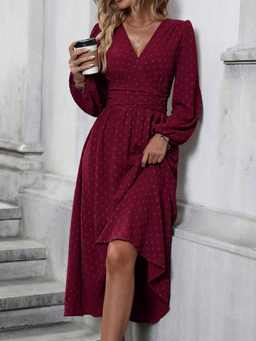 Floral Balloon Sleeve Spring/Fall Dress V Neck Long Sleeve A-Line Dress