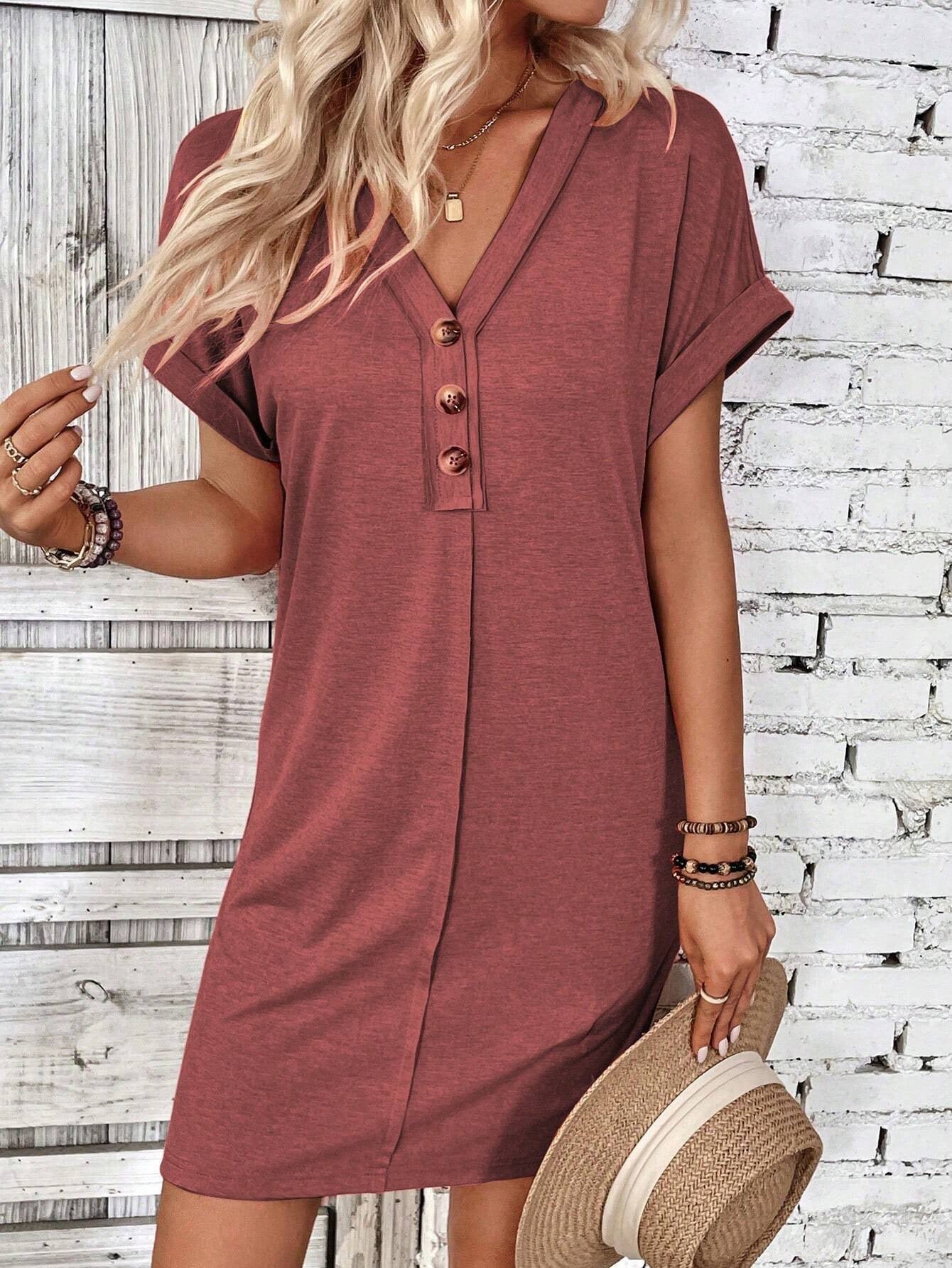 Solid Color V-Neck Batwing Sleeve Midi Dress