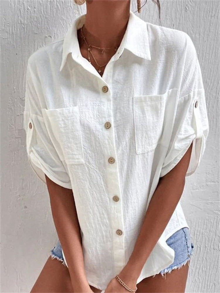 Medium Cuff Pocket Lapel Medium Length Cotton Linen Shirt
