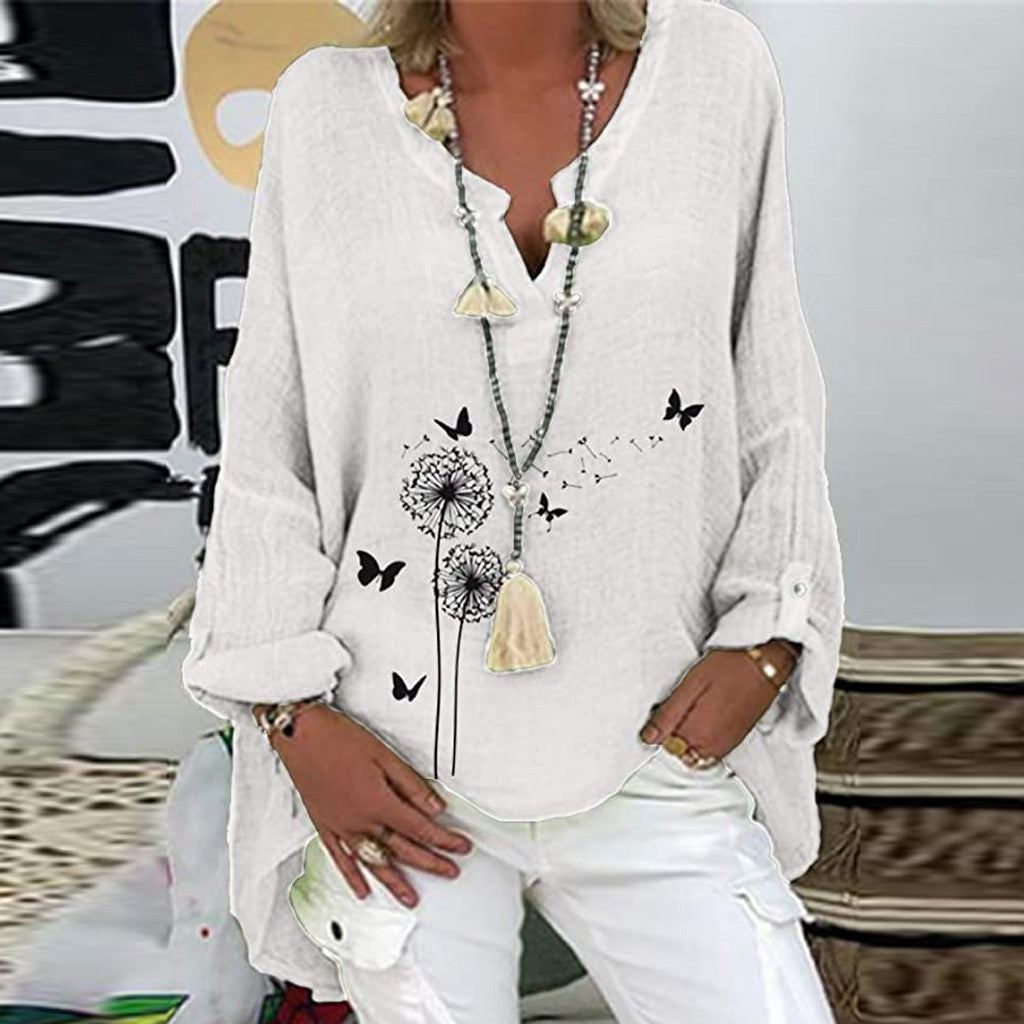 Long Sleeve Floral Print Loose V-Neck Shirt