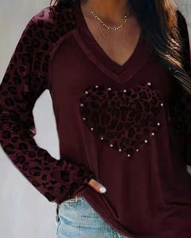 Plaid Heart Print V Neck T-Shirt, Casual Long Sleeve Top