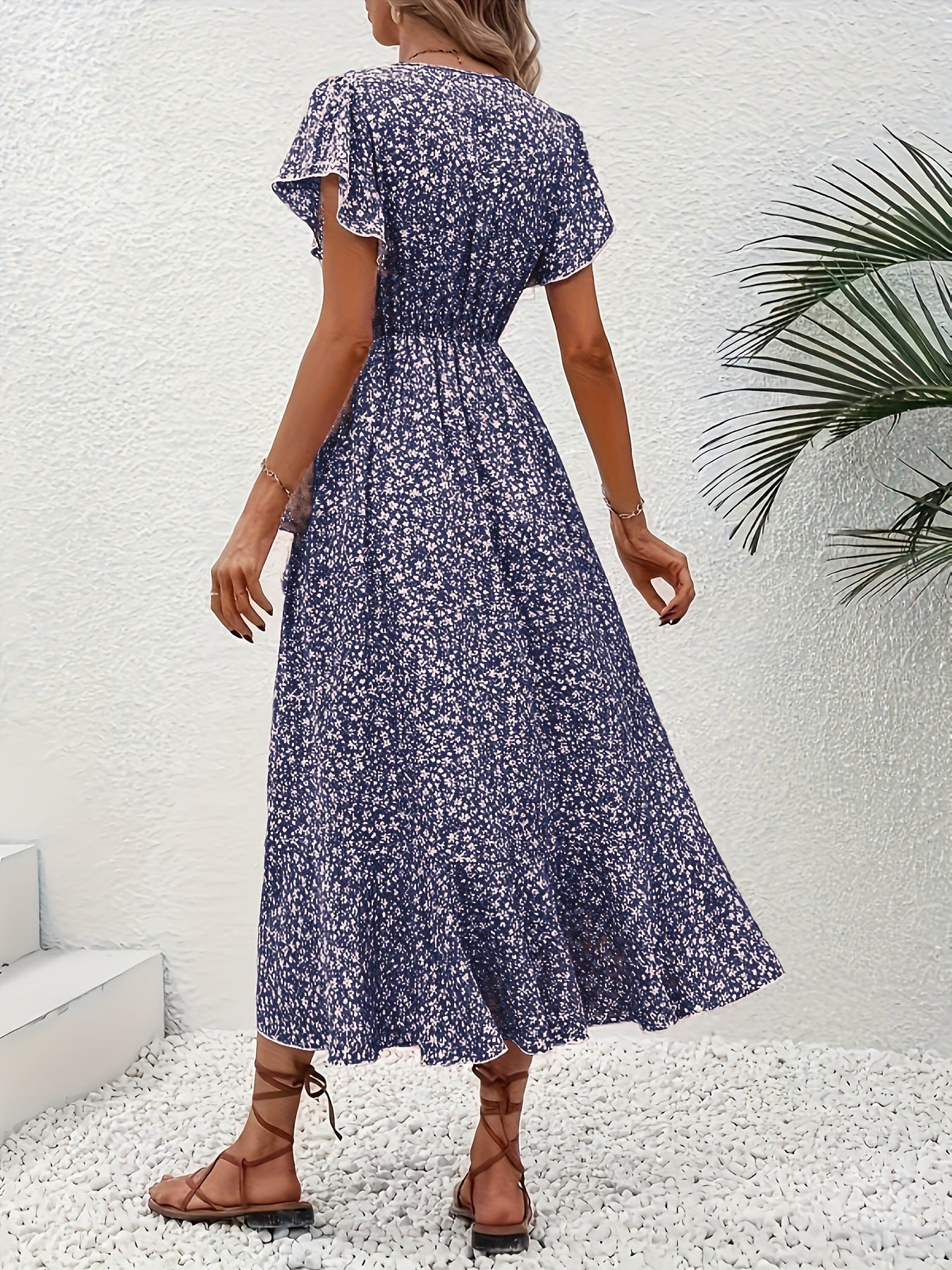Women's Floral Print Surplice Dress with Flutter Sleeves and Ruffle Hem