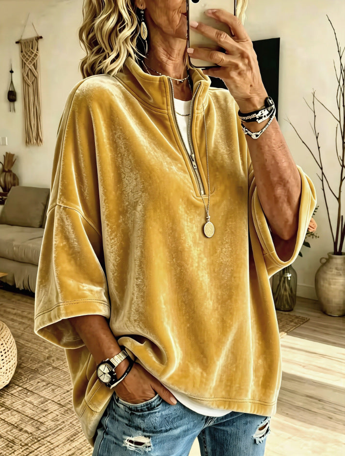 Half-Zip Velvet Top with Three-Quarter Batwing Sleeves